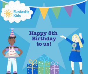 Birthday illustrations. Reads Happy 8th Birthday to us!