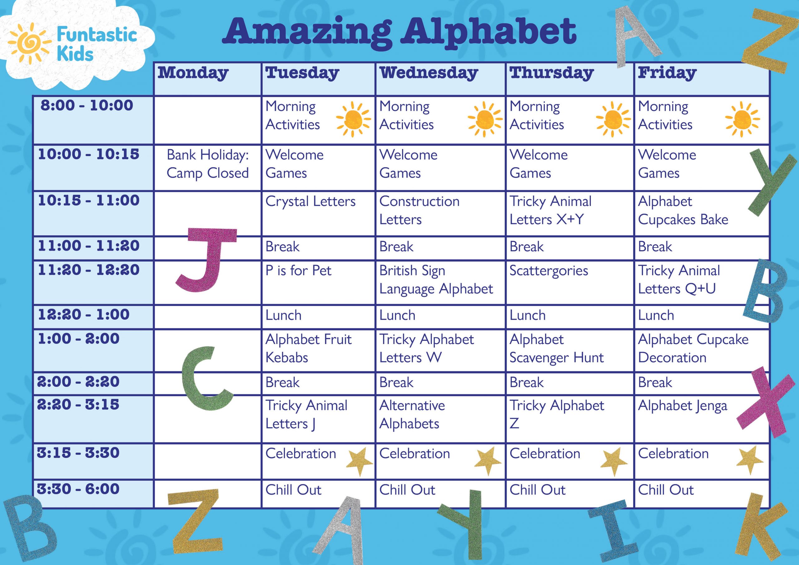 Holiday Camp Themed Timetable- Amazing Alphabet