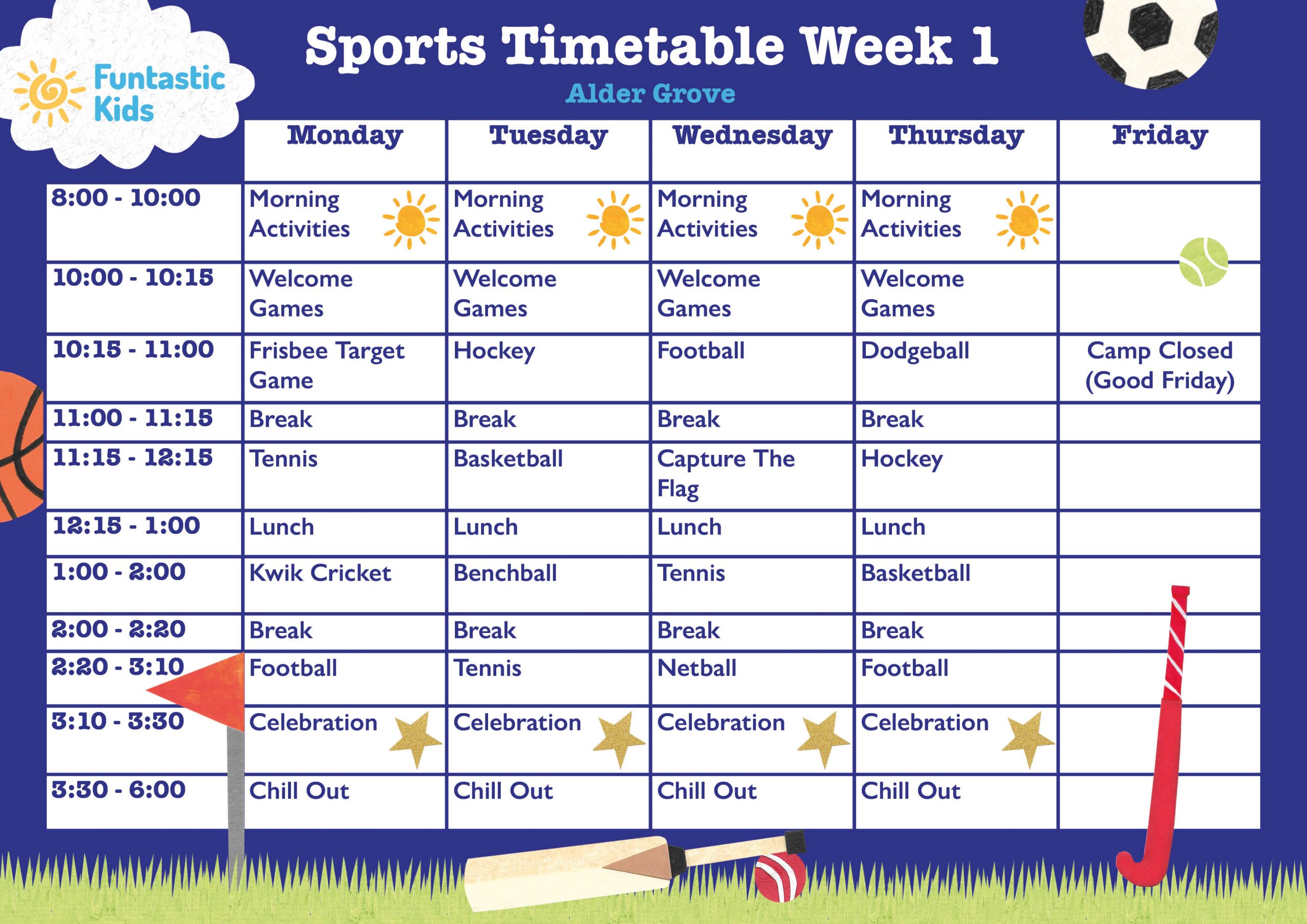 Alder Grove Sports Timetable Easter 2026 Week 1 Easter Sports Timetable