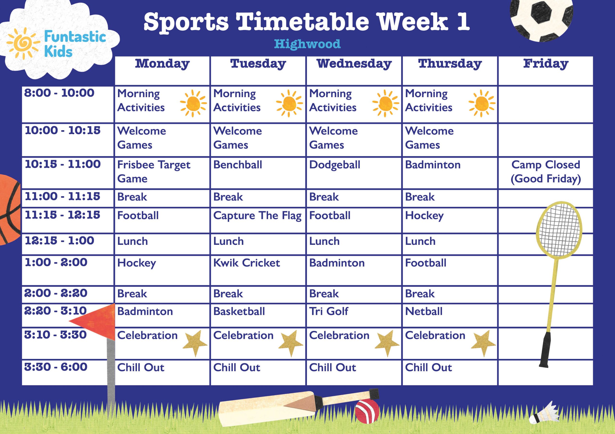 Highwood Sports Timetable Easter 2026 Week 1 Easter Sports Timetable