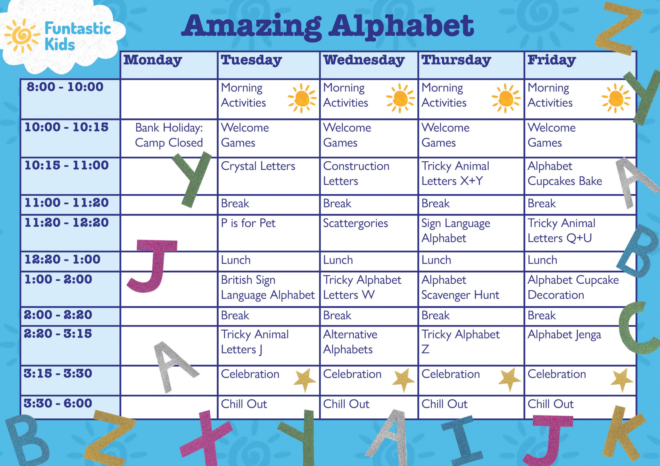 May Half Term Themed Timetable- Amazing Alphabet